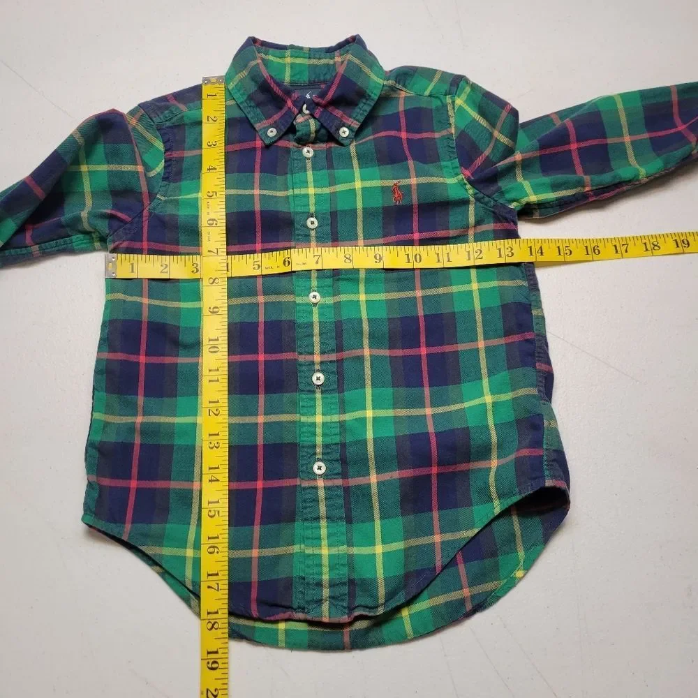 Ralph Lauren Boys Green and Navy Plaid Button-Down Shirt Long Sleeves